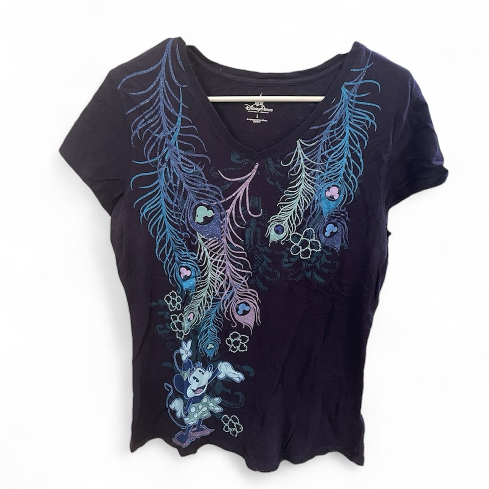 Disney Parks Women’s Minnie Mouse Glittery Peacock Feather T Shirt Size Large
